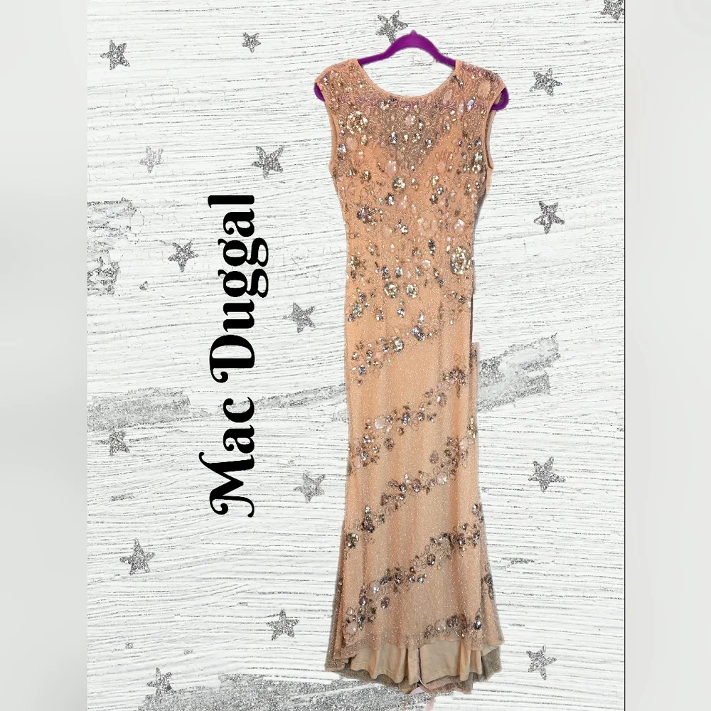 Mac Duggal Maxi Gown Womens Sz 4 Nude Silver Embellished Sequins Beads Lined - Picture 1 of 16